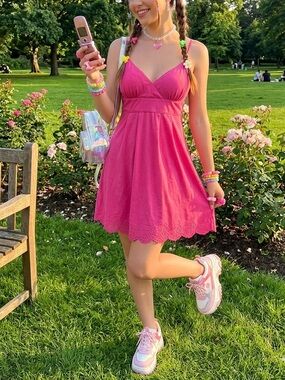 Body Central Y2K Babydoll Dress M Barbie Pink Eyelet Lace Trim Tie Back Vintage